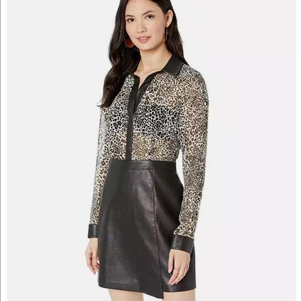 BCBG MAX AZRIA Long-sleeve printed dress with faux leather skirt